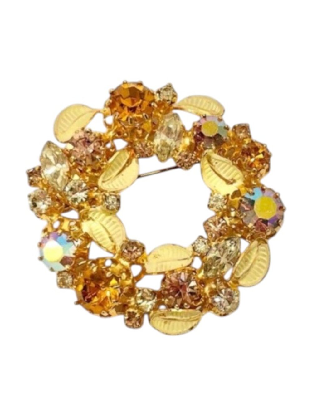 Vintage Aurora Borealis Crystals and Leaves Wreath Brooch Pin
